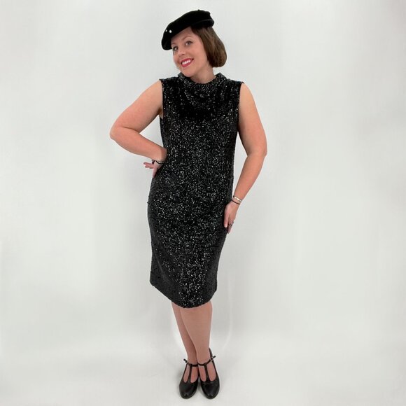 Valentina 60s Black Wool Sequin Sleeveless Shift Dress | Size L/XL - Picture 14 of 14
